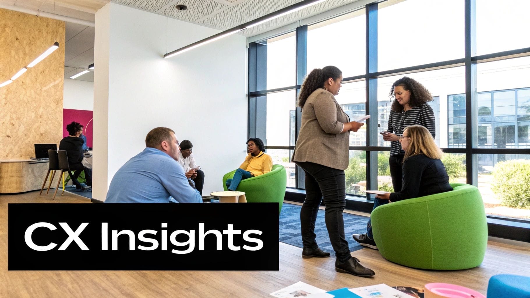 A group of people gathers in a modern office lounge, with some seated and others standing. Large windows flood the space with natural light. Text on the image reads "CX Insights," reflecting a focus on customer experience improvement.