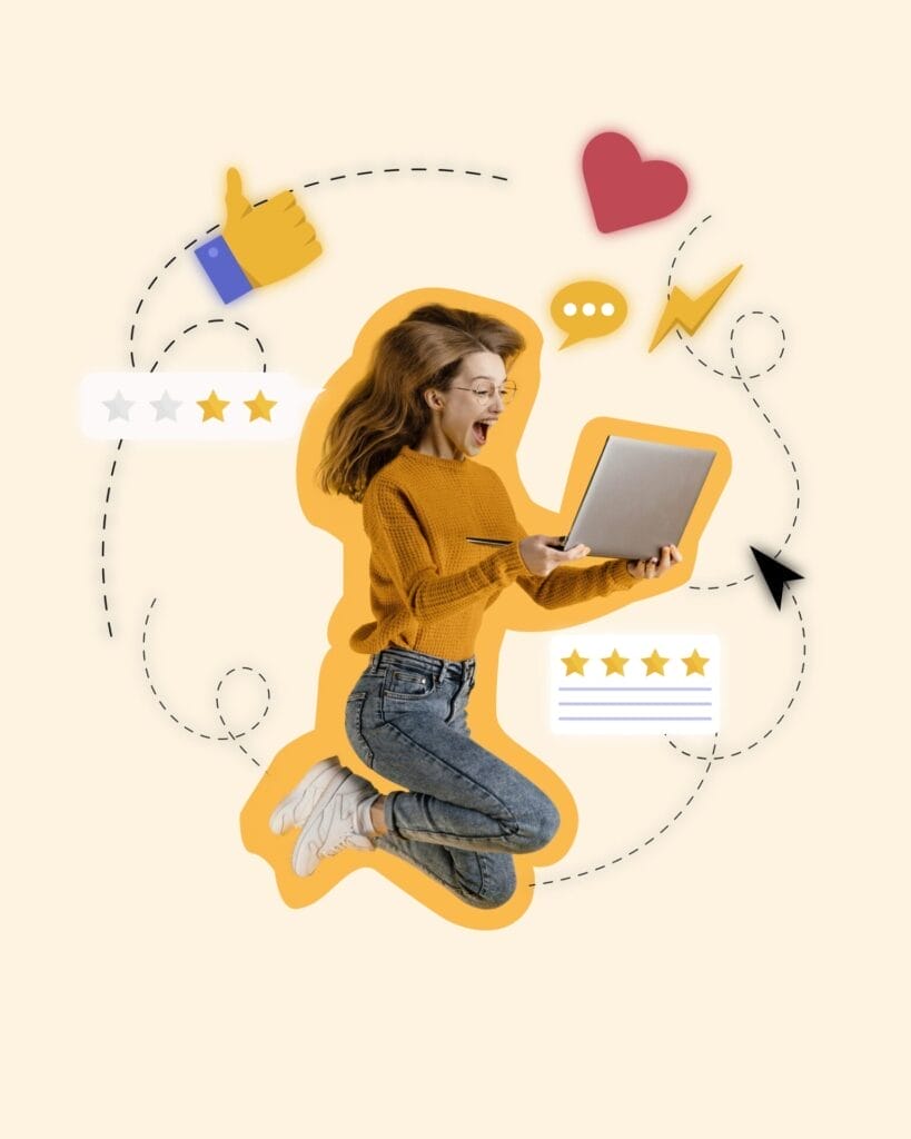 A person in a yellow sweater and jeans jumps excitedly while holding a laptop, surrounded by icons showcasing examples of social proof: thumbs-up, heart, speech bubble, and stars.