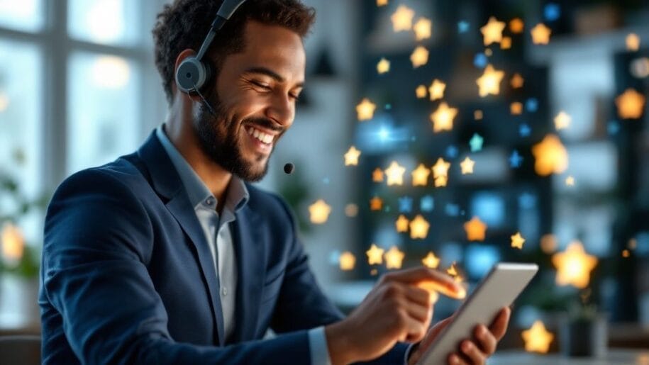 A man wearing a headset smiles while using a tablet, surrounded by digital stars in a softly lit room.