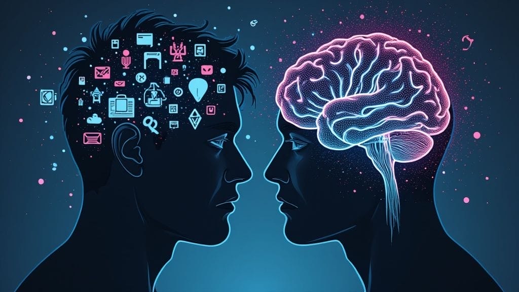 Two silhouetted heads facing each other; one filled with icons like emails and gears, the other with a glowing brain illustration.
