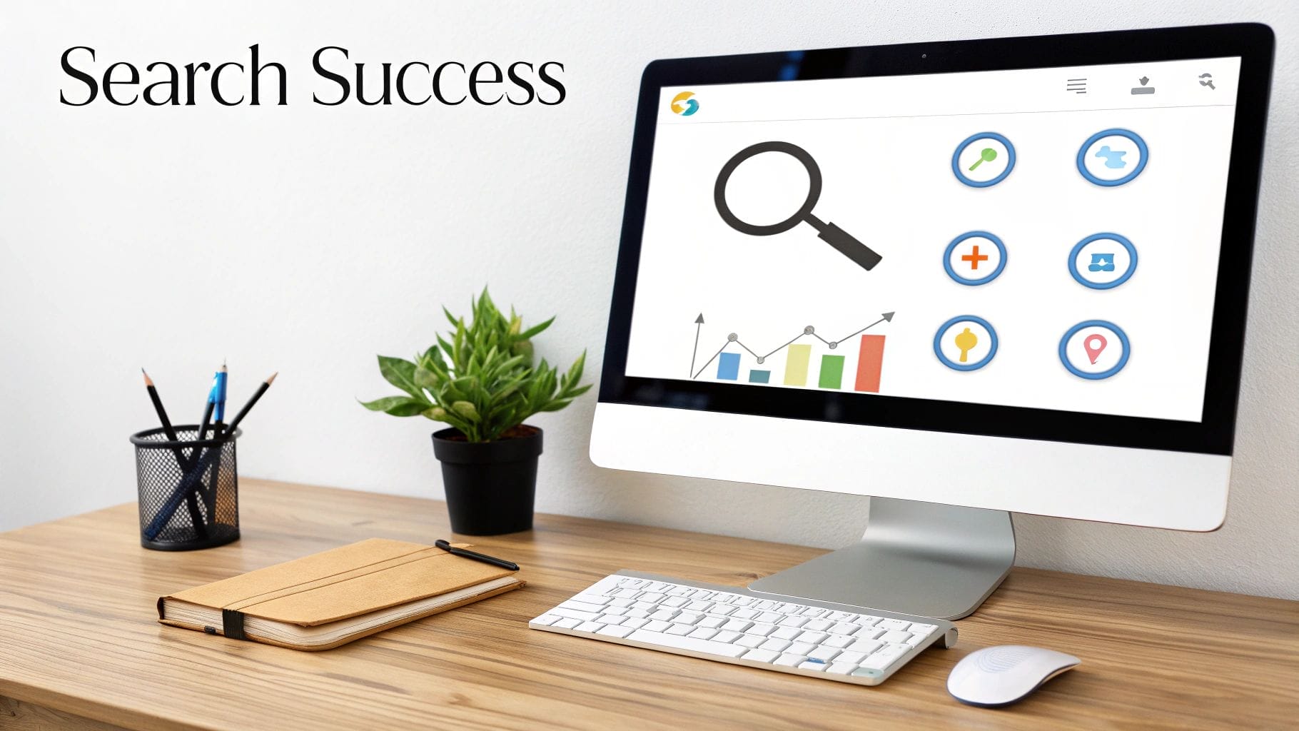 A desk with a computer displaying a screen with search icons and graphs, reflecting digital marketing optimization. Nearby are a notebook, keyboard, mouse, plant, and pen holder. Text reads "Search Success.