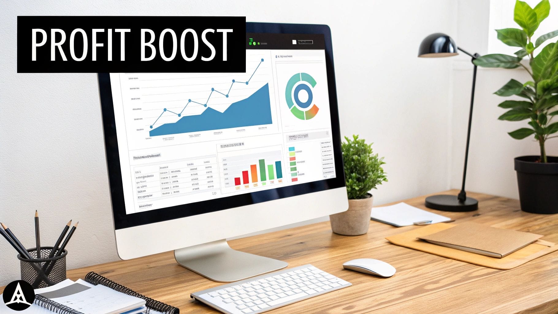 A computer monitor on a desk displays charts and graphs, highlighting "Profit Boost" above—a testament to optimized digital marketing performance metrics.
