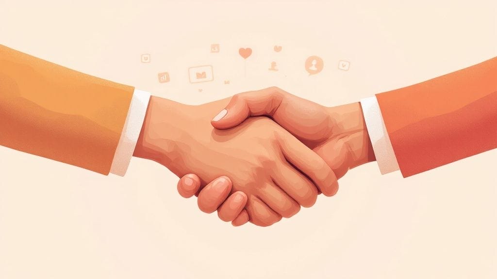 Two hands shaking in agreement, surrounded by social media icons on a light background, symbolizing the exchange of valuable social media marketing tips.