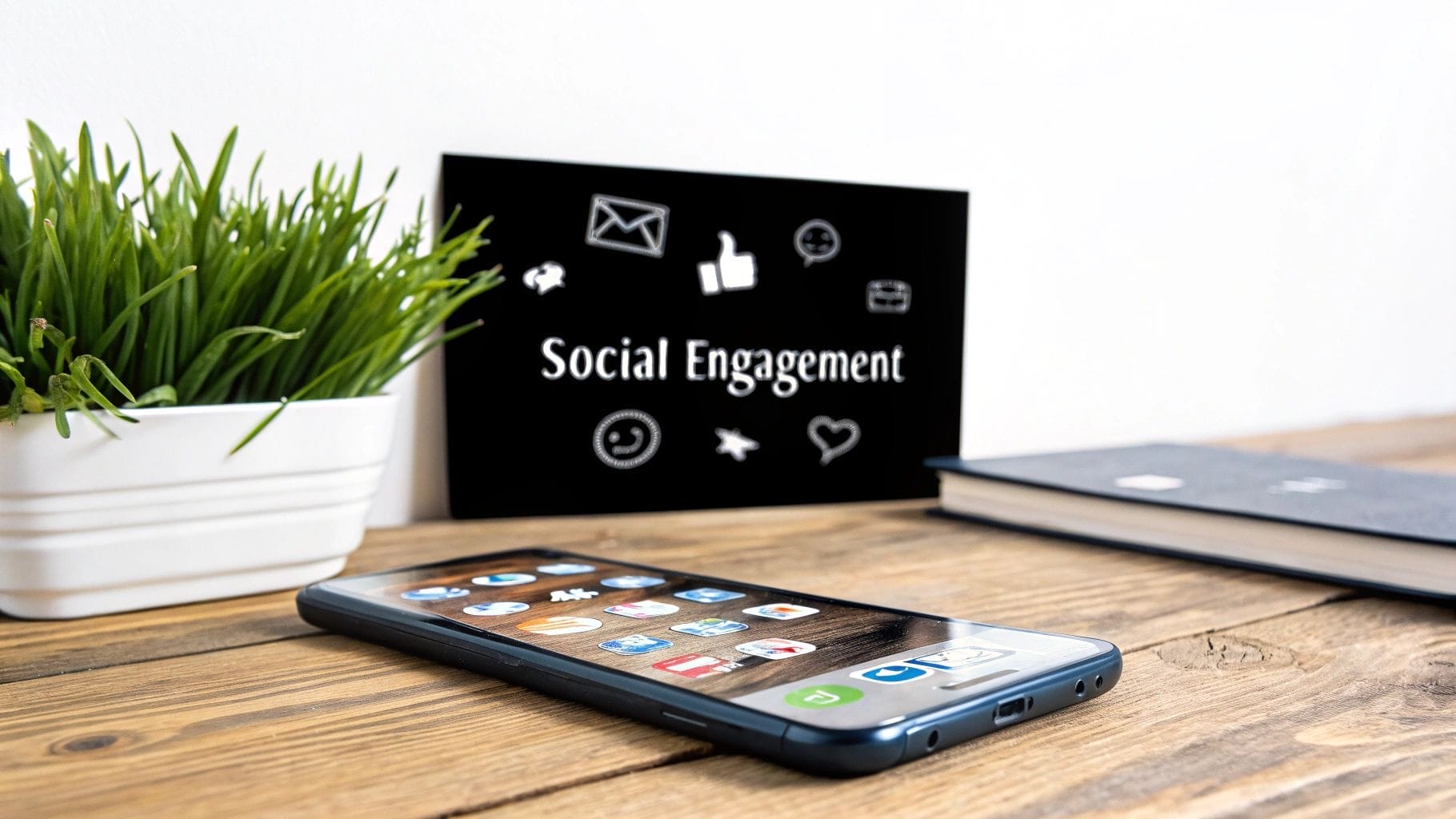 A smartphone with app icons rests on a wooden table beside a plant and a notebook, offering digital marketing tips for beginners. In the background, a small blackboard displays "Social Engagement.