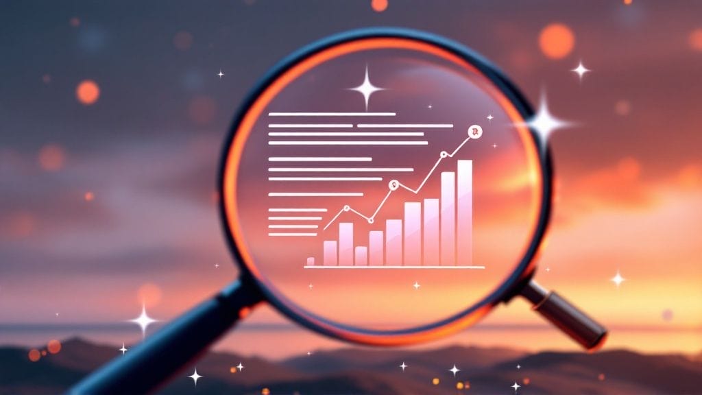 A magnifying glass hones in on a bar chart and upward arrow, set against a blurred sunset backdrop, symbolizing analysis and the growth of small business marketing strategies.