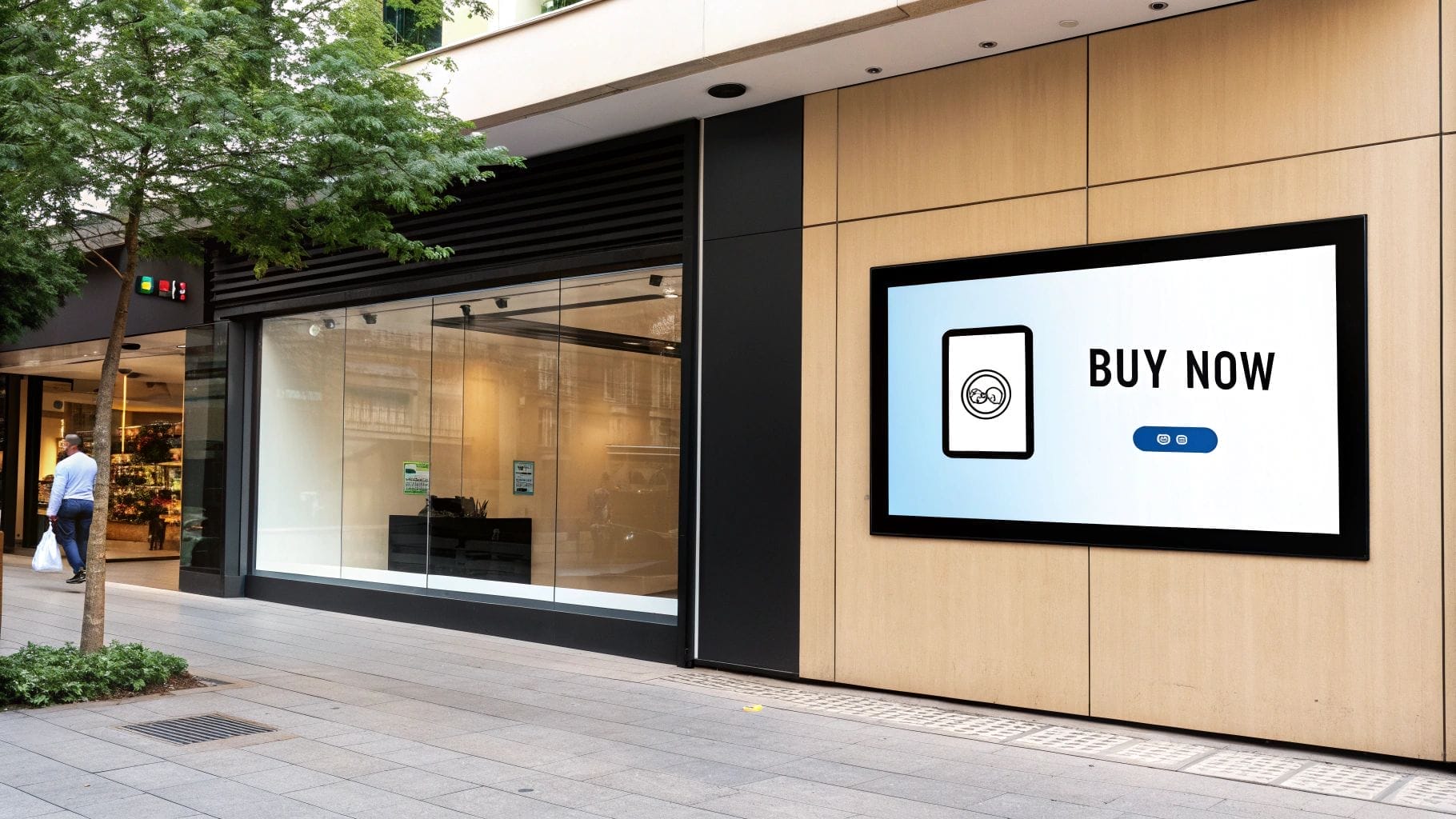Storefront with a large digital sign exclaiming "Buy Now"—a perfect example of good call-to-action phrases—and showcasing a shopping cart icon. A person strolls nearby, while a tree graces the sidewalk.