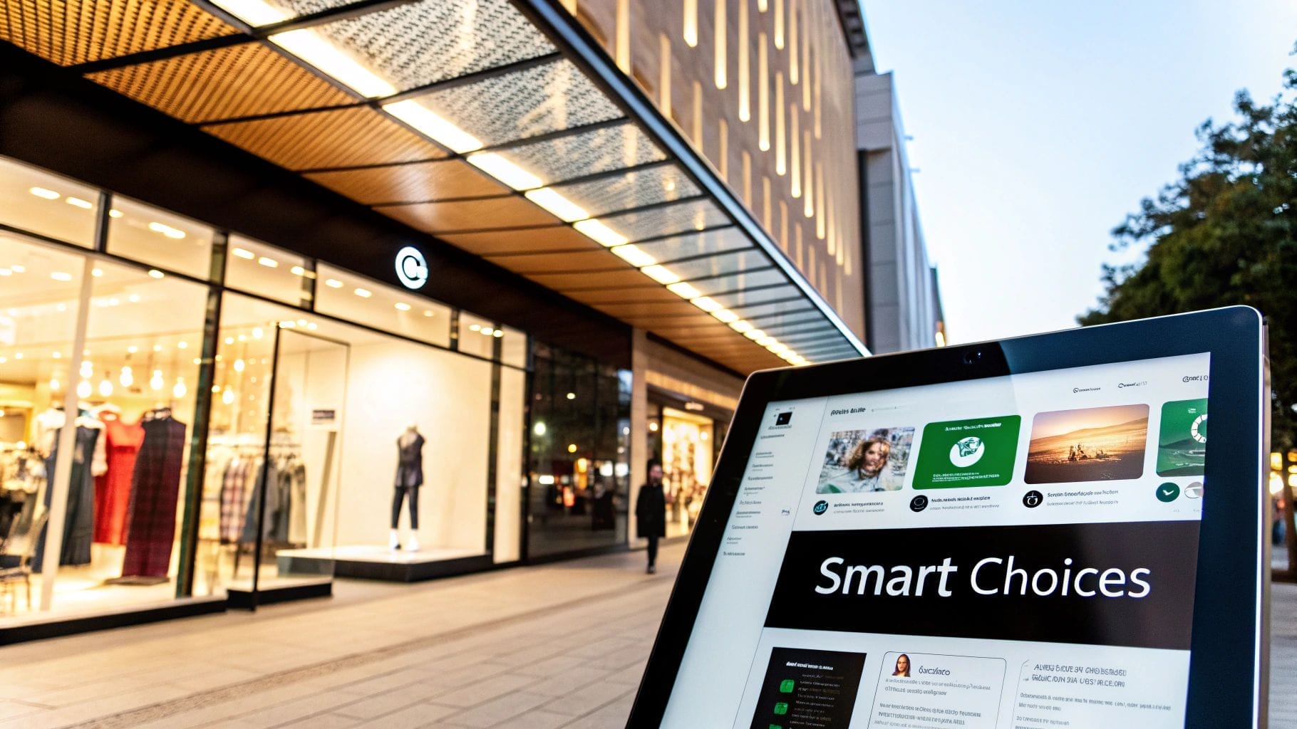 A screen showcasing "Smart Choices" is in focus with a mall storefront blurred in the background at dusk, subtly illustrating website personalization examples.