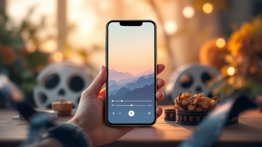 A hand holds a smartphone showcasing a scenic mountain wallpaper with music controls, seamlessly blending into the atmosphere. Film reels and snacks are blurred in the background, hinting at creative inspiration for social media marketing tips.