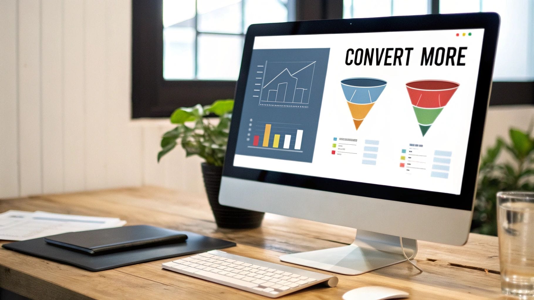 A computer on a desk showcases graphs and conversion funnels, highlighting digital marketing optimization techniques.