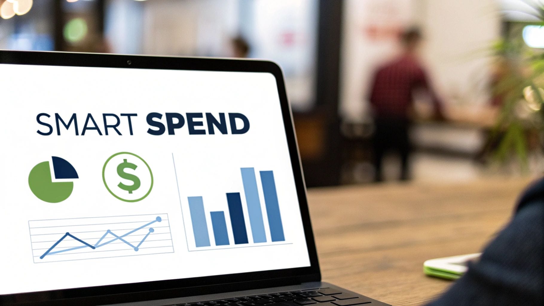 Laptop screen showcasing financial graphics with the text "SMART SPEND," featuring a pie chart, dollar symbol, line graph, and bar chart—perfect for analyzing digital marketing performance metrics.