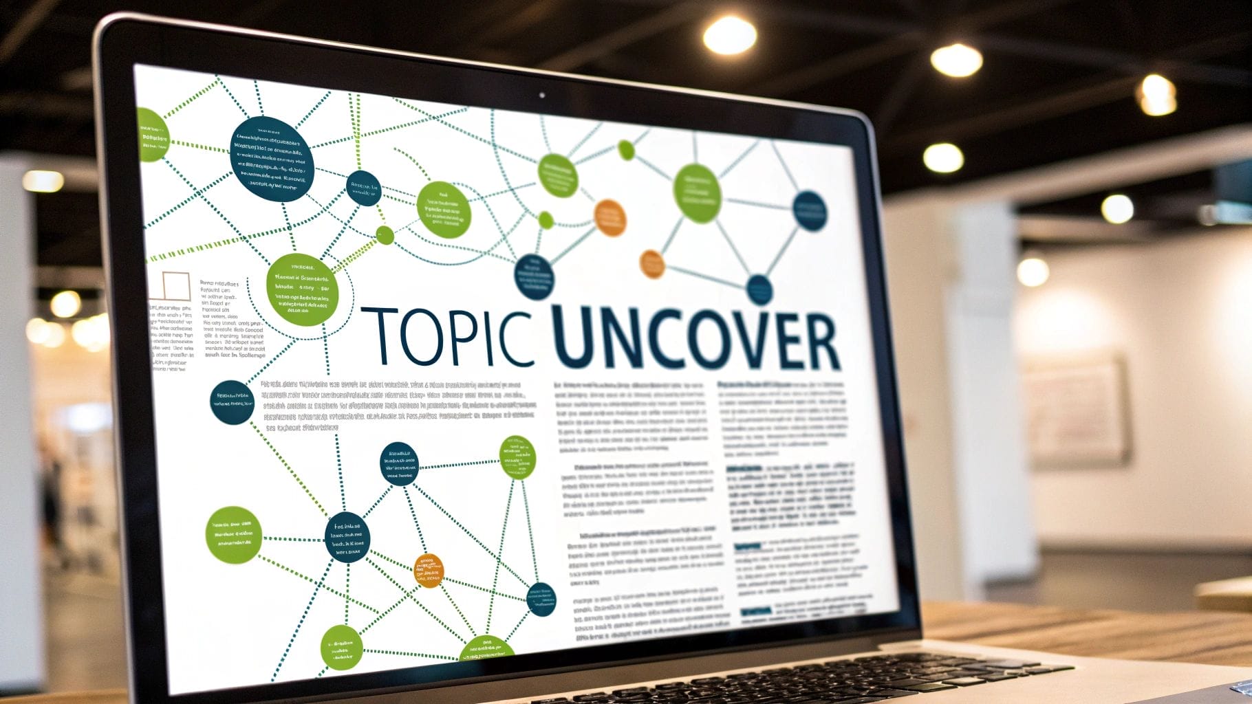 A laptop displays an article titled "Topic Uncover," featuring text and a network diagram of interconnected colored circles and lines, possibly illustrating customer feedback analysis methods, in a modern, open office space.