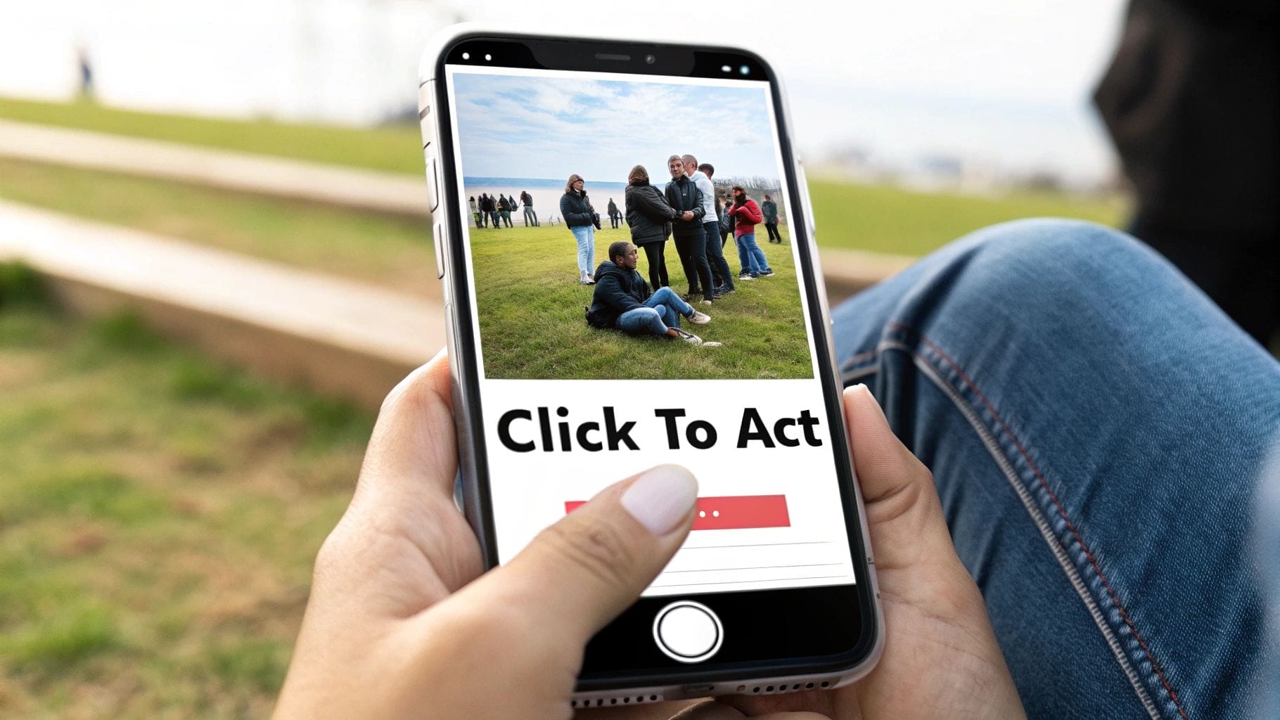 A person holds a smartphone displaying a photo of people gathered on grass with the text “Click To Act,” a red button below, and hints of social media engagement metrics visible on the screen.