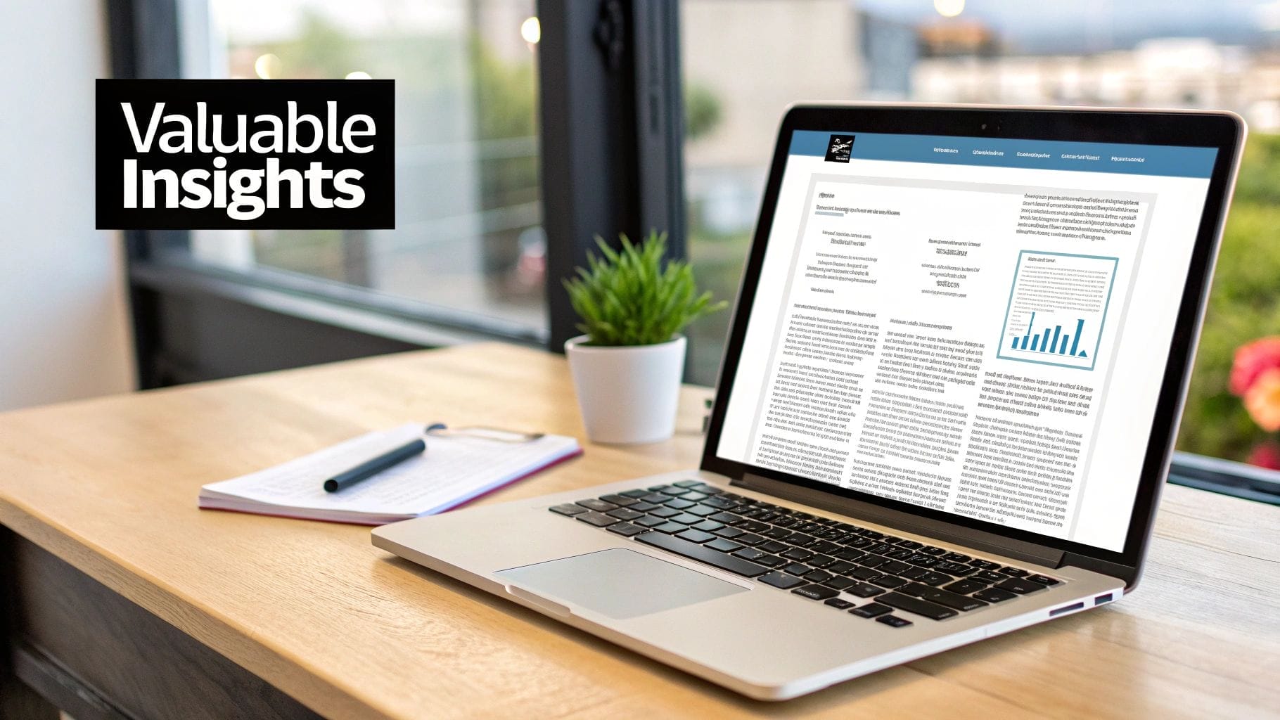 A laptop displaying a report with charts sits on a wooden desk next to a notebook, pen, and potted plant. The words "Valuable Insights" highlight tips inspired by lead generation best practices.
