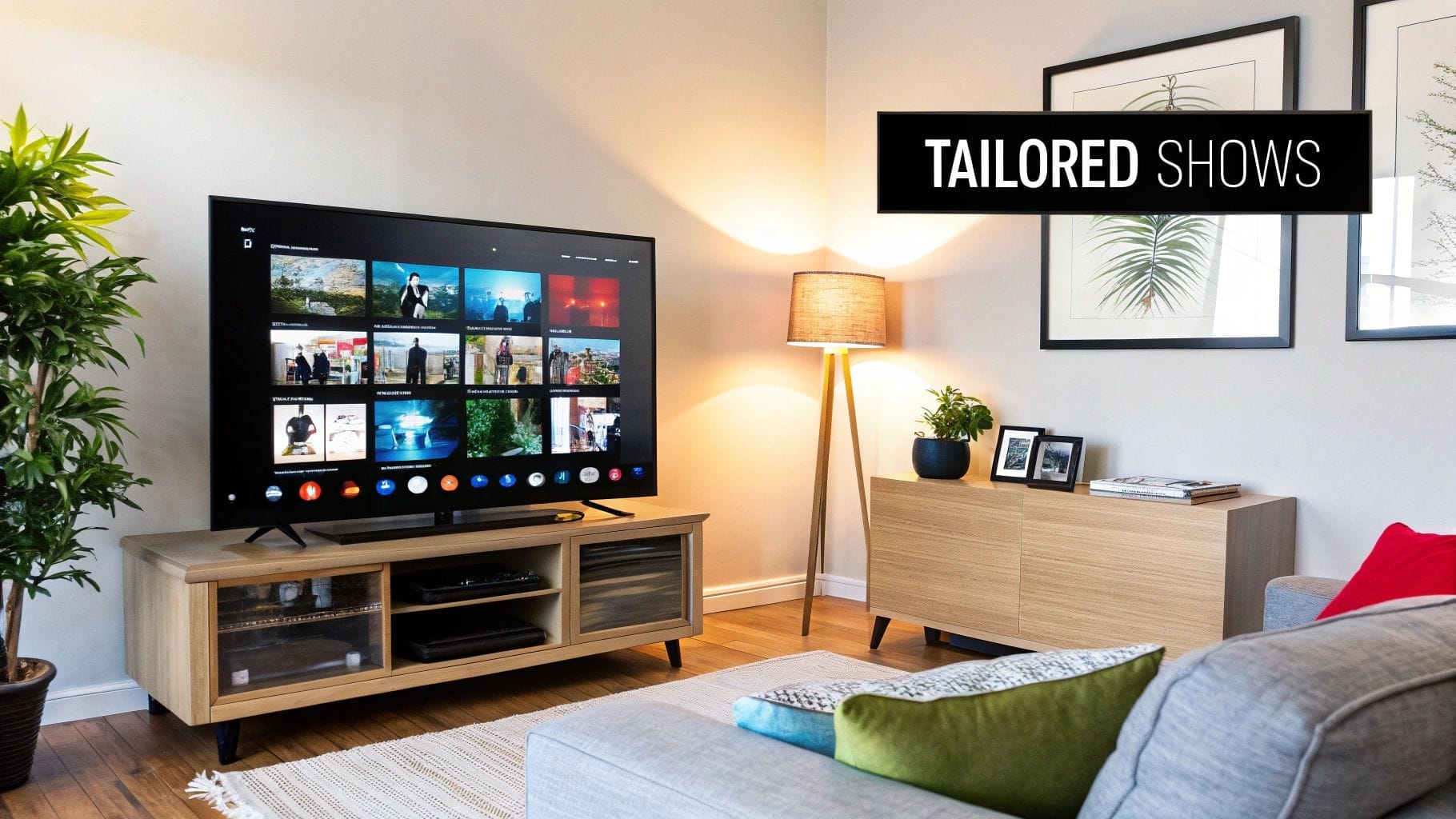 A living room featuring a TV showcasing streaming options, a wooden stand, a lamp, lush plants, and framed art. Text on the image reads "Tailored Shows," exemplifying website personalization seamlessly in your home entertainment space.
