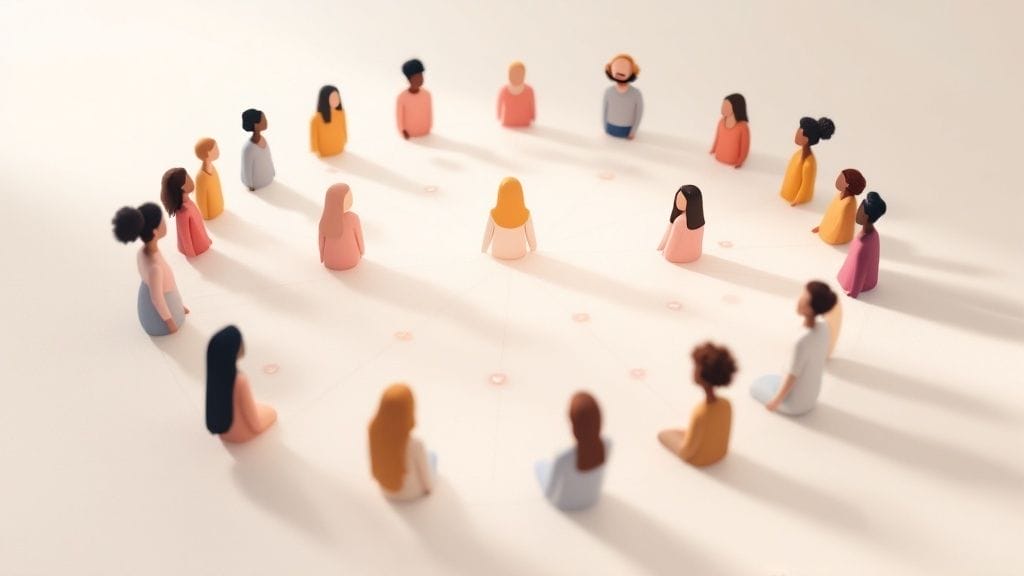 Various abstract figures, echoing influencer marketing best practices, are seated in a circle, casting soft shadows on a white surface.