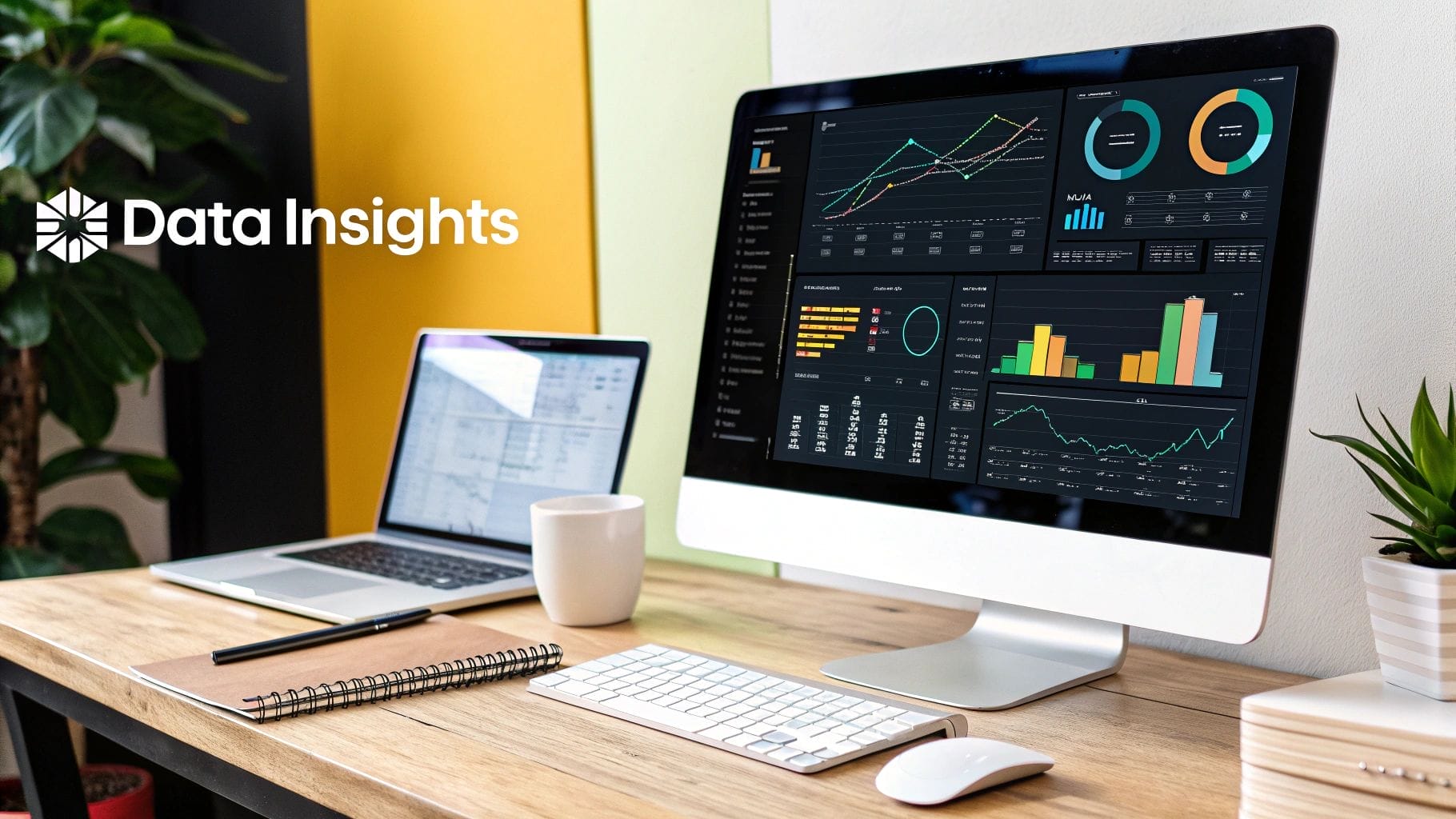 A computer on a desk showcases data analytics charts, while a laptop displays a spreadsheet filled with digital marketing strategy tips. Nearby, a notepad and pen lie beside a steaming coffee cup on the wooden surface, framed by a vibrant plant in the background.