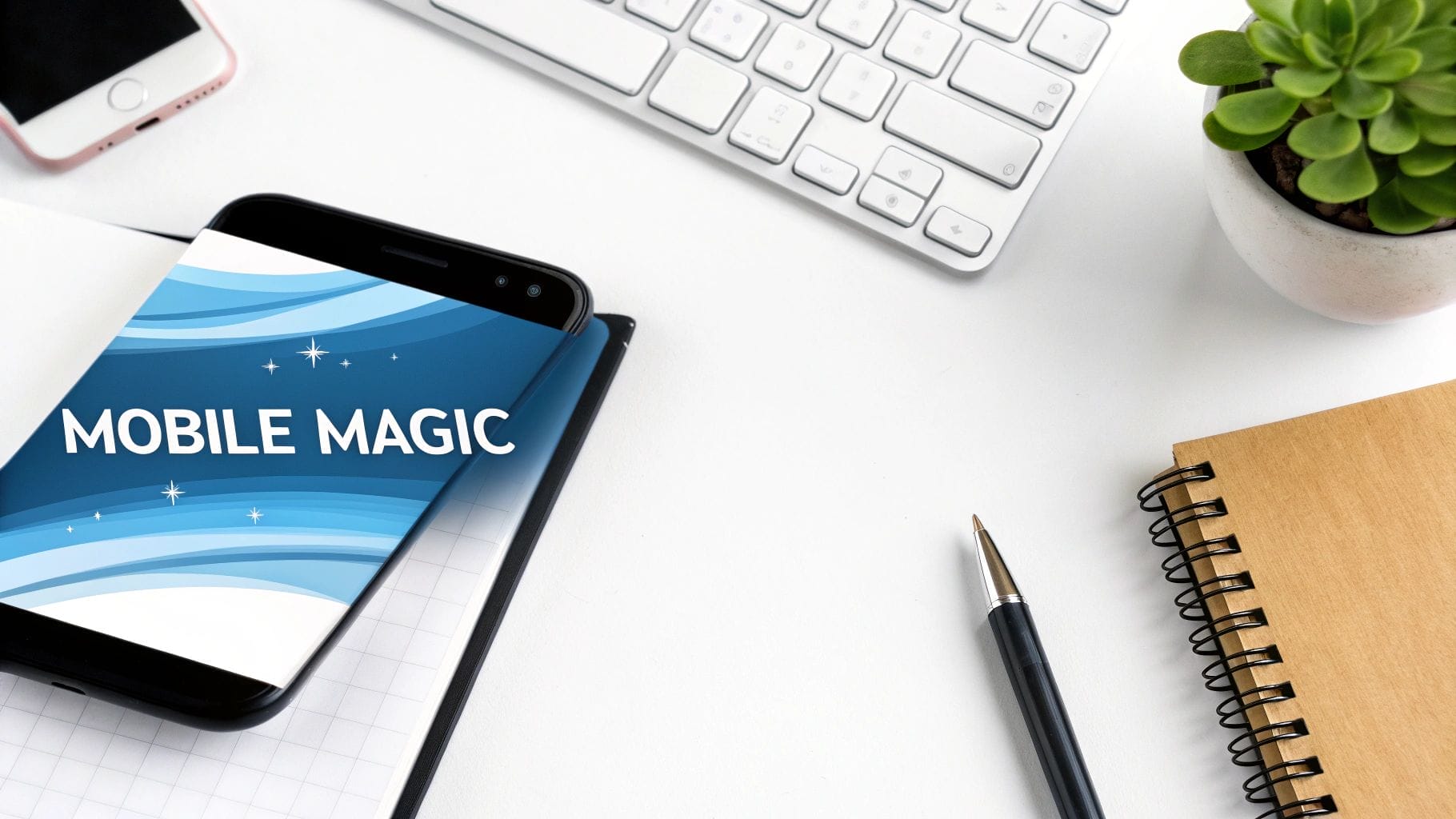 A smartphone showcasing "Mobile Magic" sits on a white desk, surrounded by a notebook, pen, keyboard, phone, and potted plant—perfectly illustrating digital marketing optimization techniques in action.