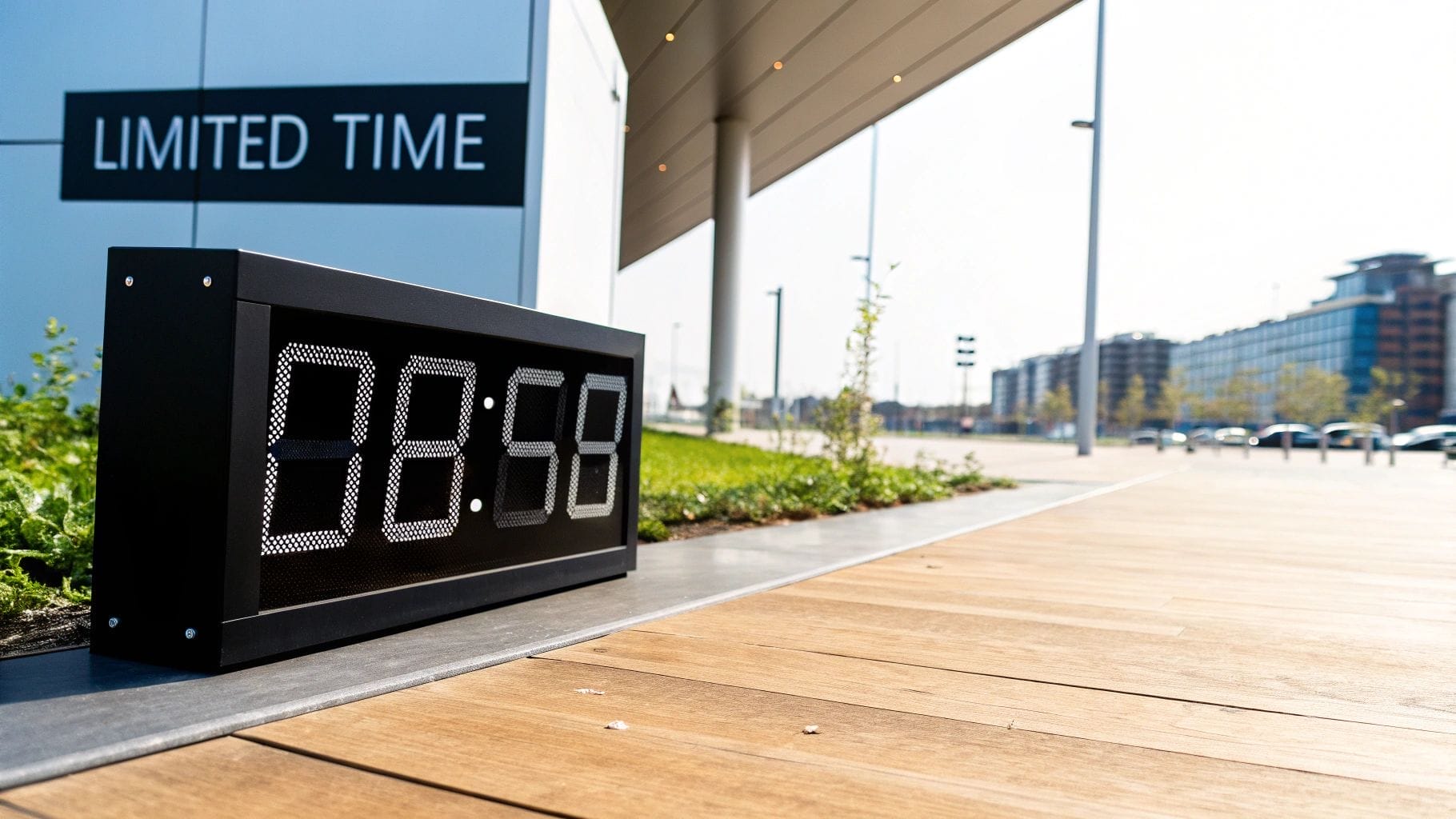 A digital clock displaying 08:58 stands outdoors beside a building with a "Limited Time" sign, urging passersby to seize the moment. Nearby, a wooden walkway and modern buildings bask under a clear sky, creating an inviting scene.