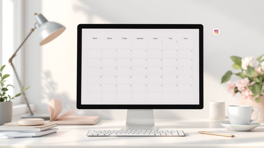A computer monitor on a desk showcases a blank monthly calendar, surrounded by a lamp, books, and flowers. Nearby, a cup holds pens ready for jotting down social media marketing tips to fill those empty calendar squares with strategic plans.