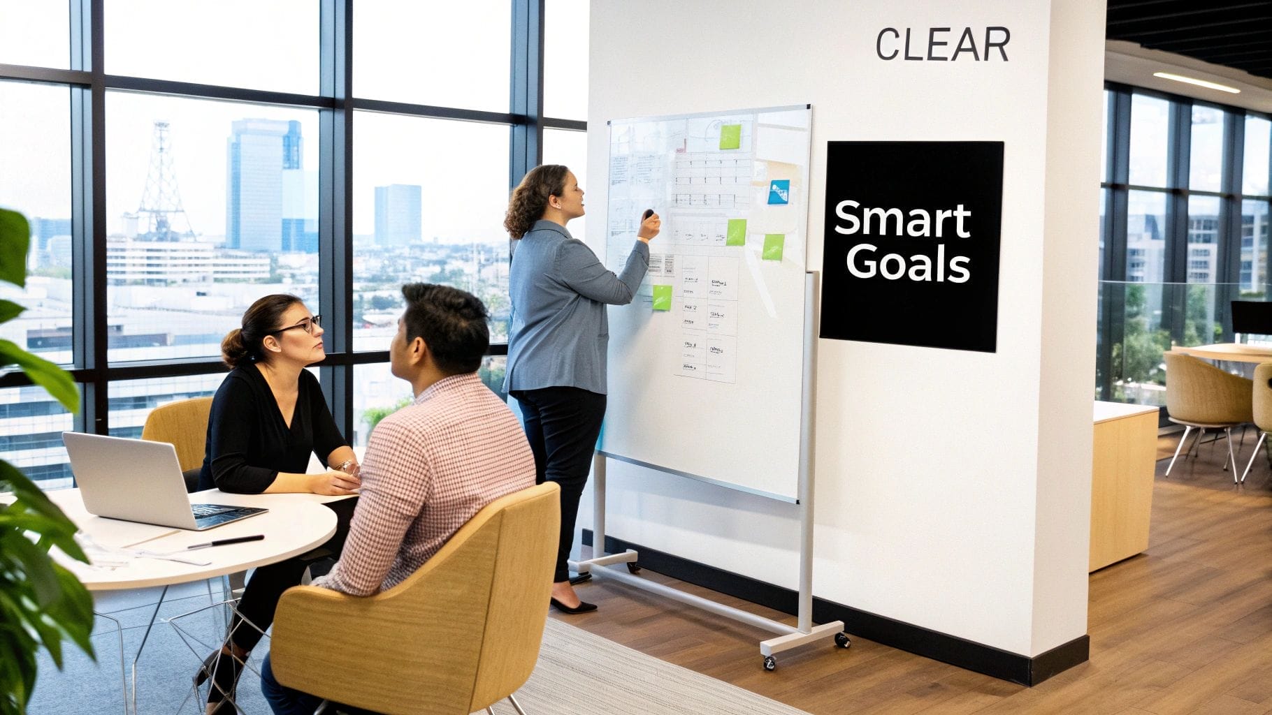 Three people in a modern office, with one writing "Smart Goals" on a whiteboard—integrating digital marketing strategy tips—while two others sit at a table with a laptop. A city view spreads through the large windows.