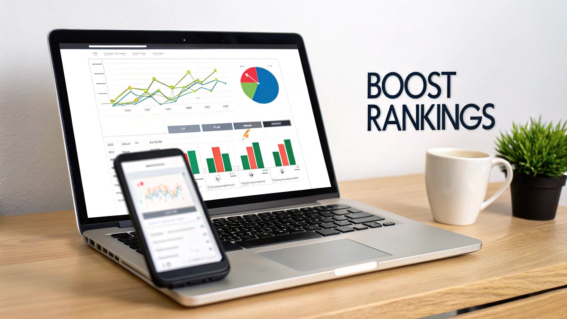 A laptop and smartphone display analytics graphs on a desk with a potted plant and coffee mug; the words "BOOST RANKINGS" appear on the wall, highlighting ways to increase website traffic.