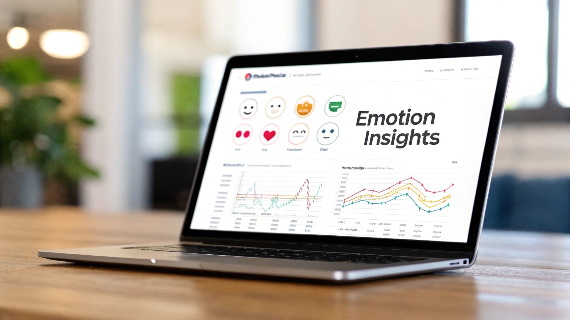A laptop on a table displays a screen titled "Emotion Insights" with emoji graphics and various line graphs showcasing customer feedback analysis methods and emotional data trends.