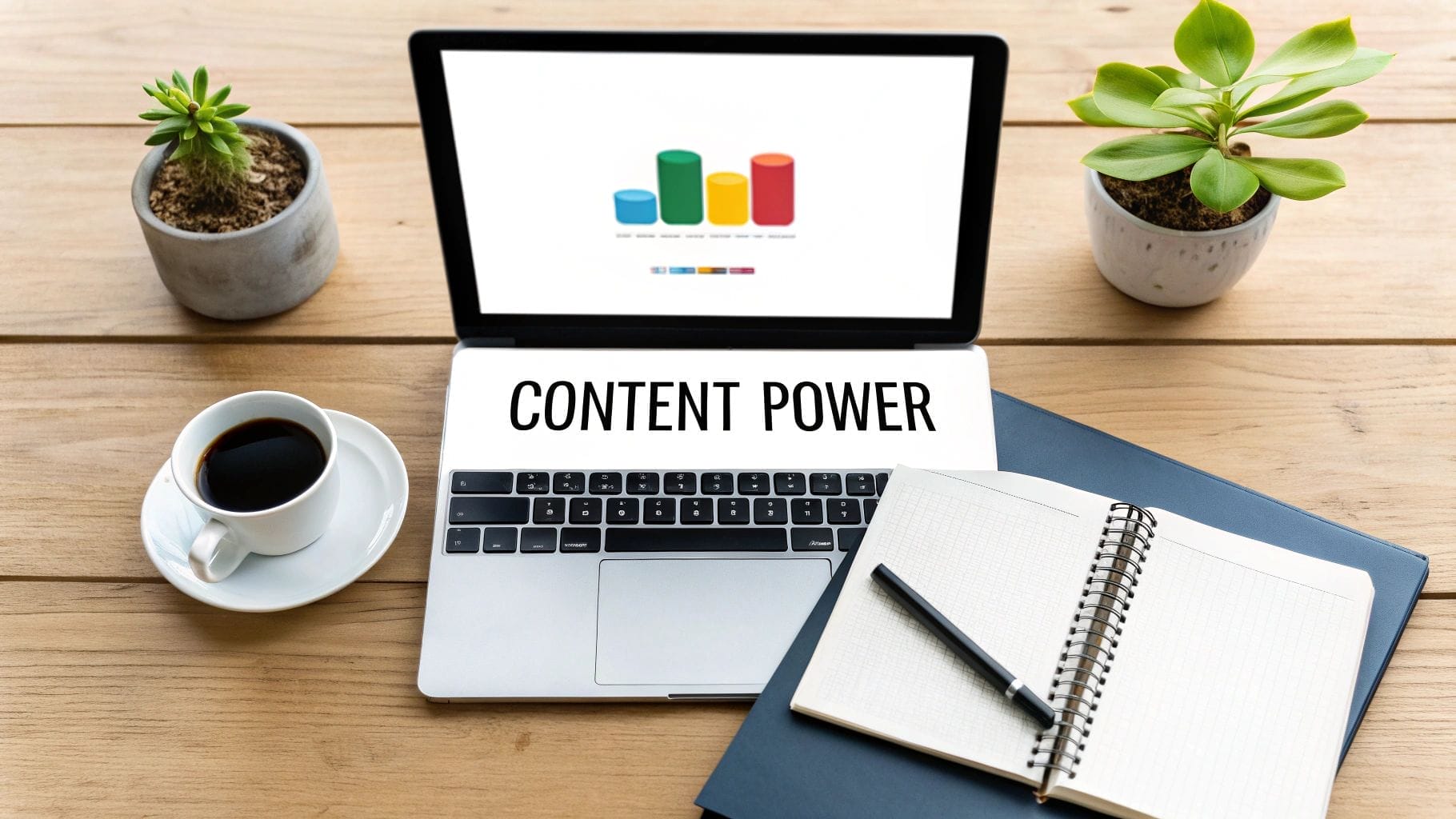 A laptop displays a chart, accompanied by a spiral notebook, pen, coffee cup, and two small potted plants on a wooden desk. The laptop screen reads "Content Power," offering digital marketing strategy tips to enhance your business's online presence.