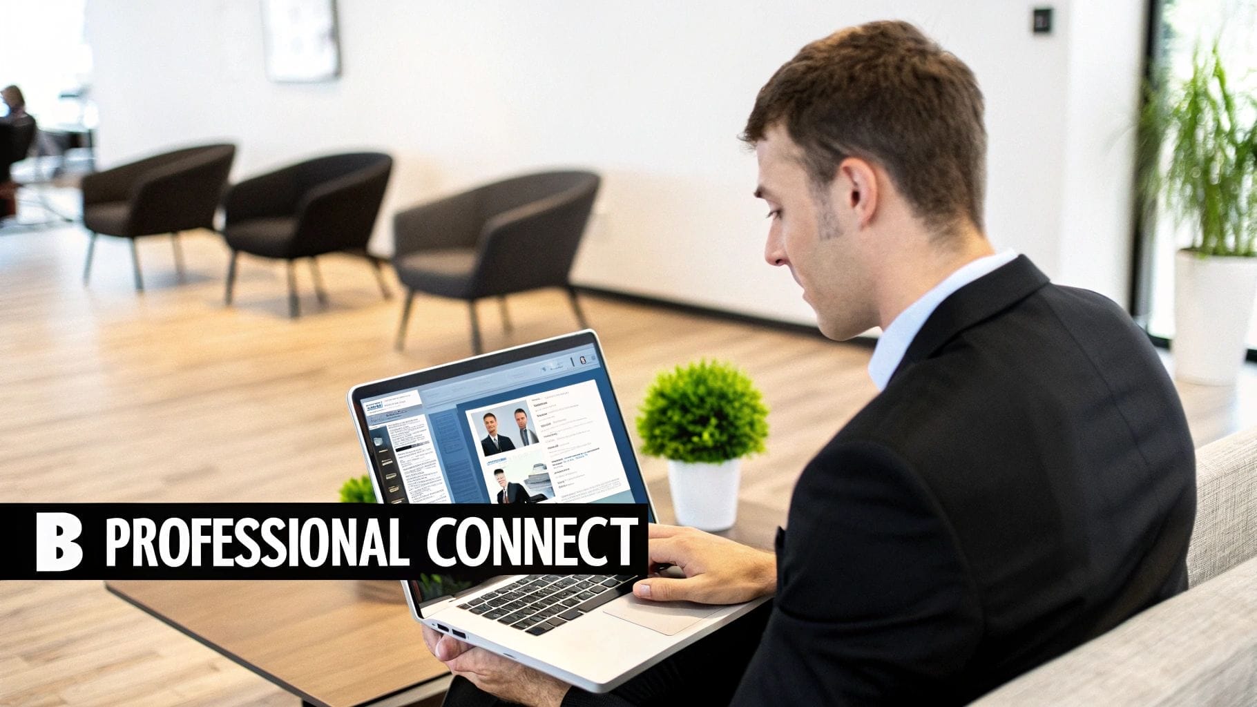 A man in a suit sits on a couch using a laptop in a modern office, engaging in a video call about lead generation best practices. The text "B PROFESSIONAL CONNECT" overlays the image.