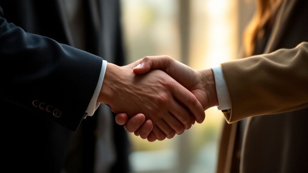 Two people shaking hands, one in a dark suit and the other in a beige coat, symbolizing agreement or partnership built on influencer marketing best practices.