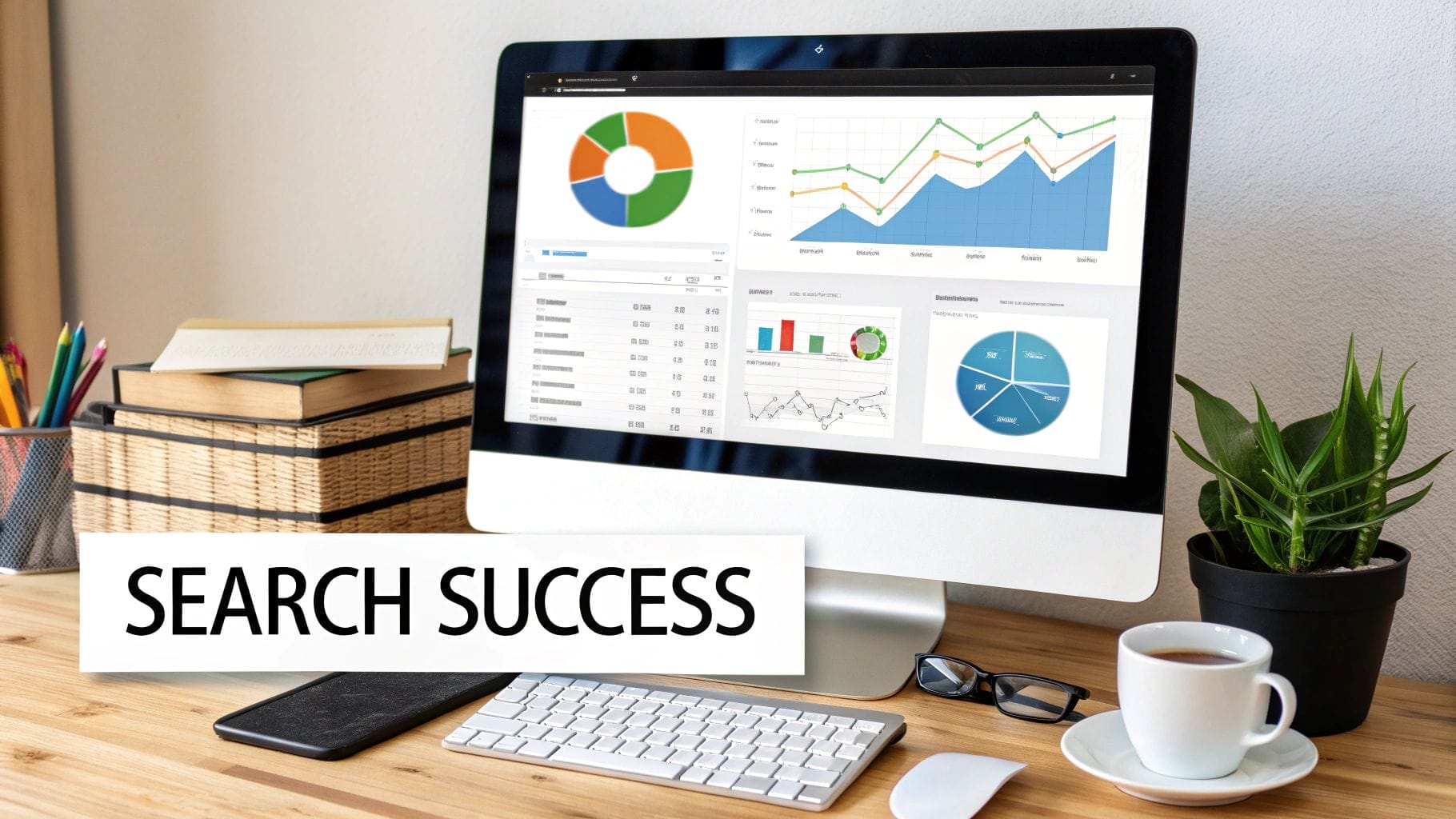 A computer monitor displays graphs and charts on a desk with books, a plant, a smartphone, a keyboard, and a cup of coffee. Text on the image reads "SEARCH SUCCESS," highlighting lead generation best practices for professionals.