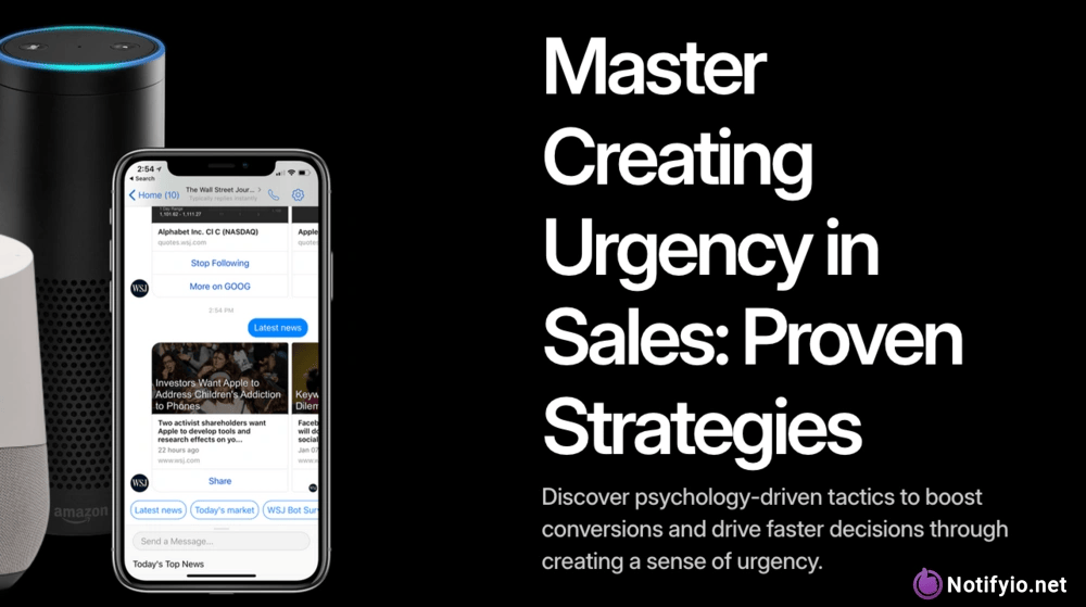 A smartphone displaying a chat interface sits beside smart speakers, highlighting strategies for creating urgency in sales and psychology-driven conversions—all set against a sleek black background.