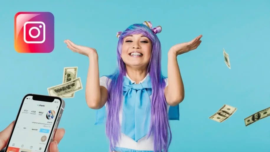 A person with purple hair and a blue outfit smiles with raised hands, surrounded by falling money, next to an Instagram logo and a hand holding a phone displaying how to monetize Instagram stats.