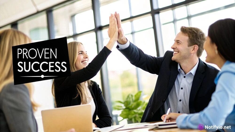 Two business professionals seated at a table high-five, while two colleagues watch, with a “PROVEN SUCCESS” graphic overlaid—highlighting the power of creating urgency in sales to drive team achievement.