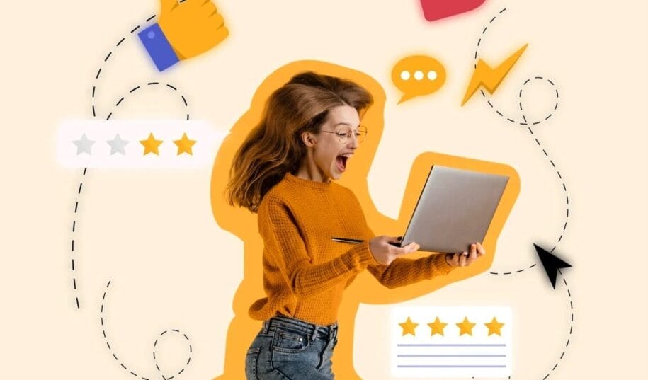 A woman excitedly gazes at her laptop as social media icons and star ratings shimmer in the background, highlighting the power of social proof.