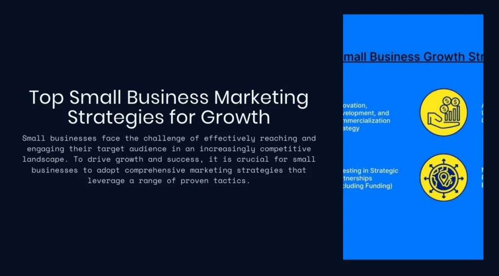 Slide titled "Top Small Business Marketing Strategies for Growth" with text discussing the importance of implementing comprehensive small business marketing strategies to foster growth.