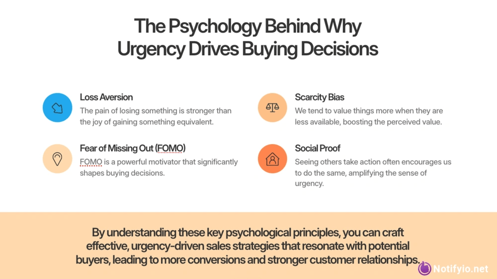 Infographic explaining four psychological reasons creating urgency in sales drives buying decisions: loss aversion, fear of missing out (FOMO), scarcity bias, and social proof.