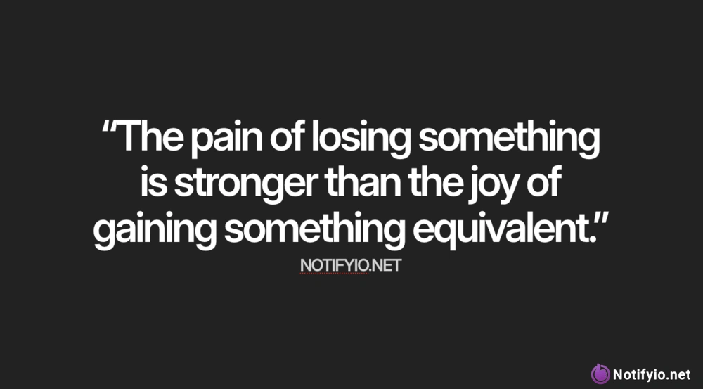 White text quote on a black background reads: “The pain of losing something is stronger than the joy of gaining something equivalent”—a message about creating urgency in sales. Logo and website are at the bottom.