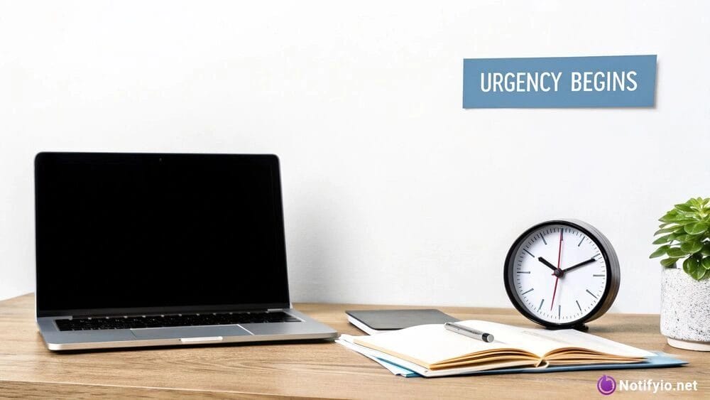 A desk with a closed laptop, notebook, pen, clock, and smartphone. A sign on the wall reads "URGENCY BEGINS," serving as a reminder of the importance of creating urgency in sales.
