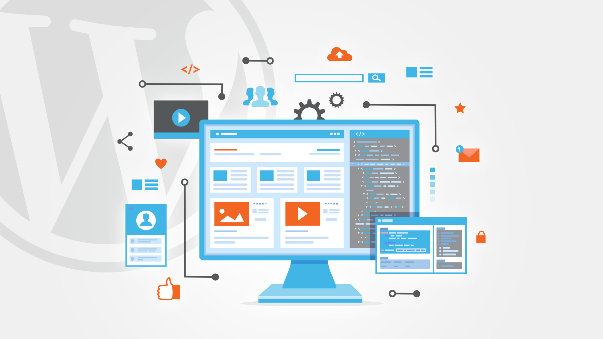 Illustration of a desktop computer with web development and design elements, icons, and connected devices, highlighting website creation, management, and the use of WordPress Ecommerce Plugins.