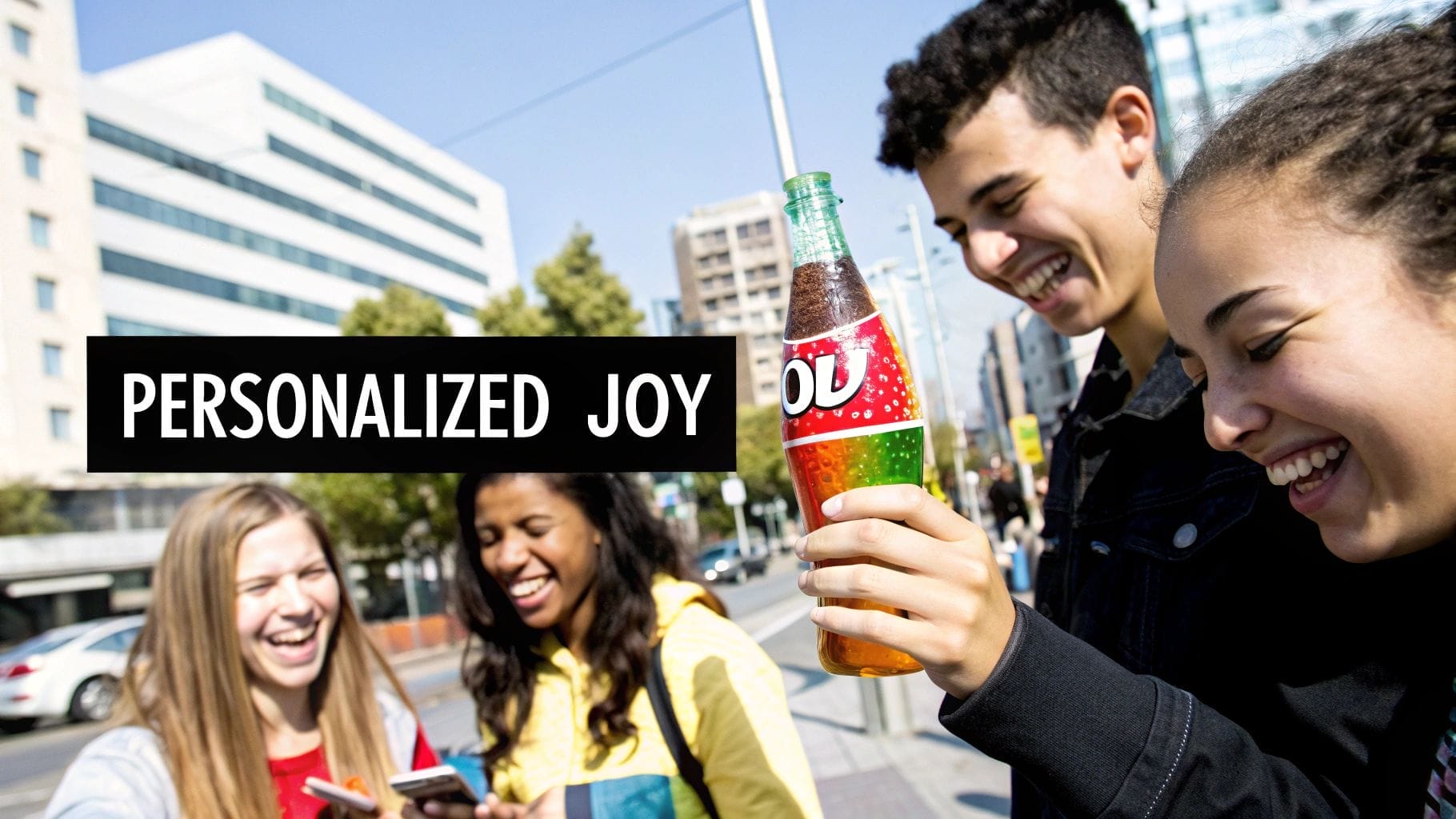 Four young people stand together outdoors, laughing and smiling, while one person holds up a soda bottle. The text "PERSONALIZED JOY" appears over the image, serving as an emotional advertising example.