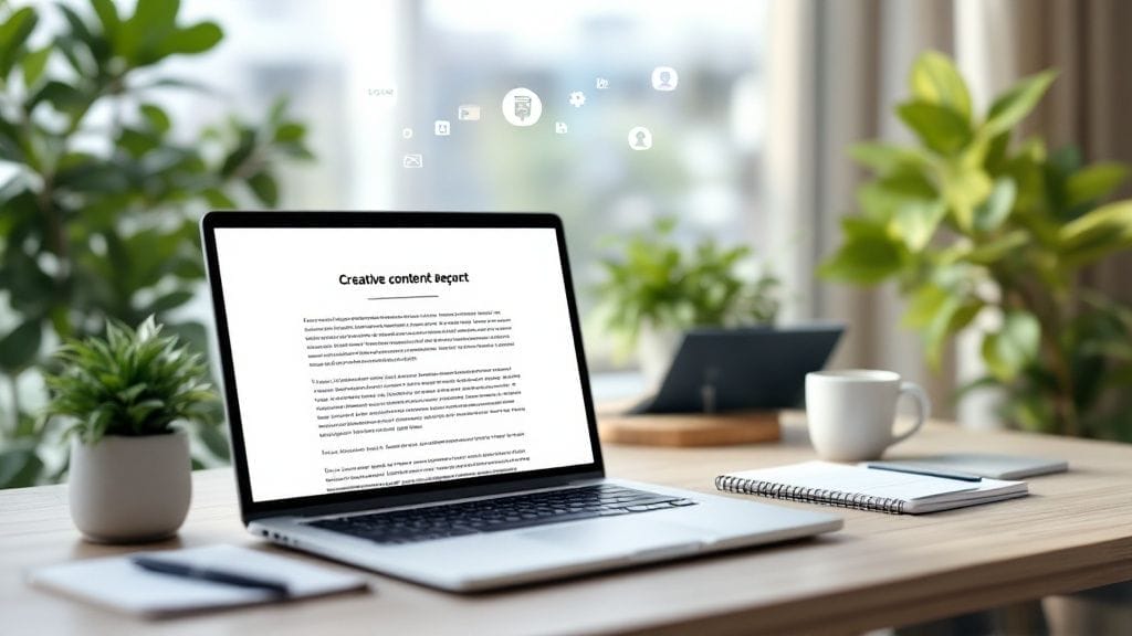 A laptop on a desk displaying a document titled "Creative content report," surrounded by potted plants, hints at small business marketing strategies, with a tablet in the background.