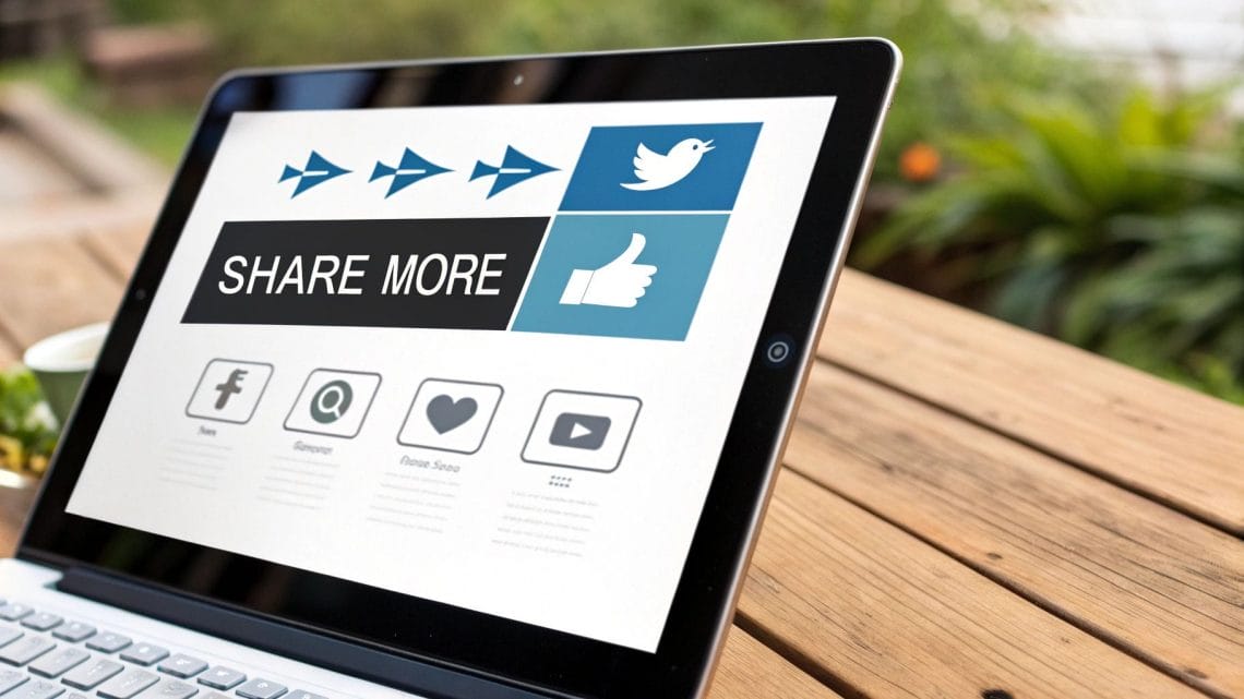 Laptop screen displaying social media engagement metrics along with sharing icons and a "Share More" button, placed on a wooden outdoor table with plants in the background.