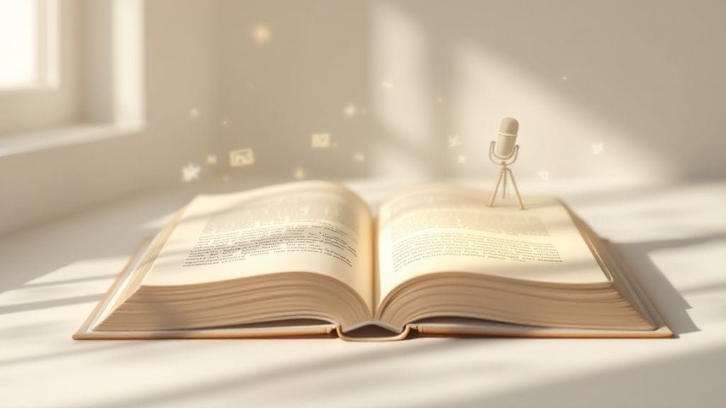 An open book with floating symbols and a small microphone bathed in sunlight, subtly weaving in the art of storytelling, akin to podcast themes. This scene resonates with influencer marketing best practices, capturing engagement through narrative elegance.