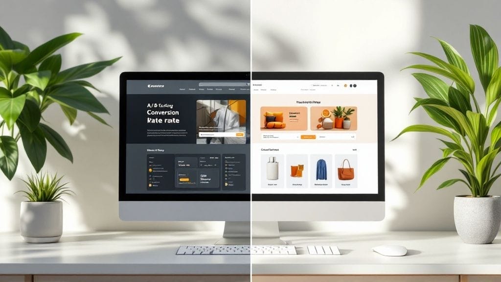 A computer screen showcases a split view of two website designs aimed at ecommerce conversion rate optimization: one dark-themed for A/B testing and another light-themed for an online store. Two potted plants frame the monitor.