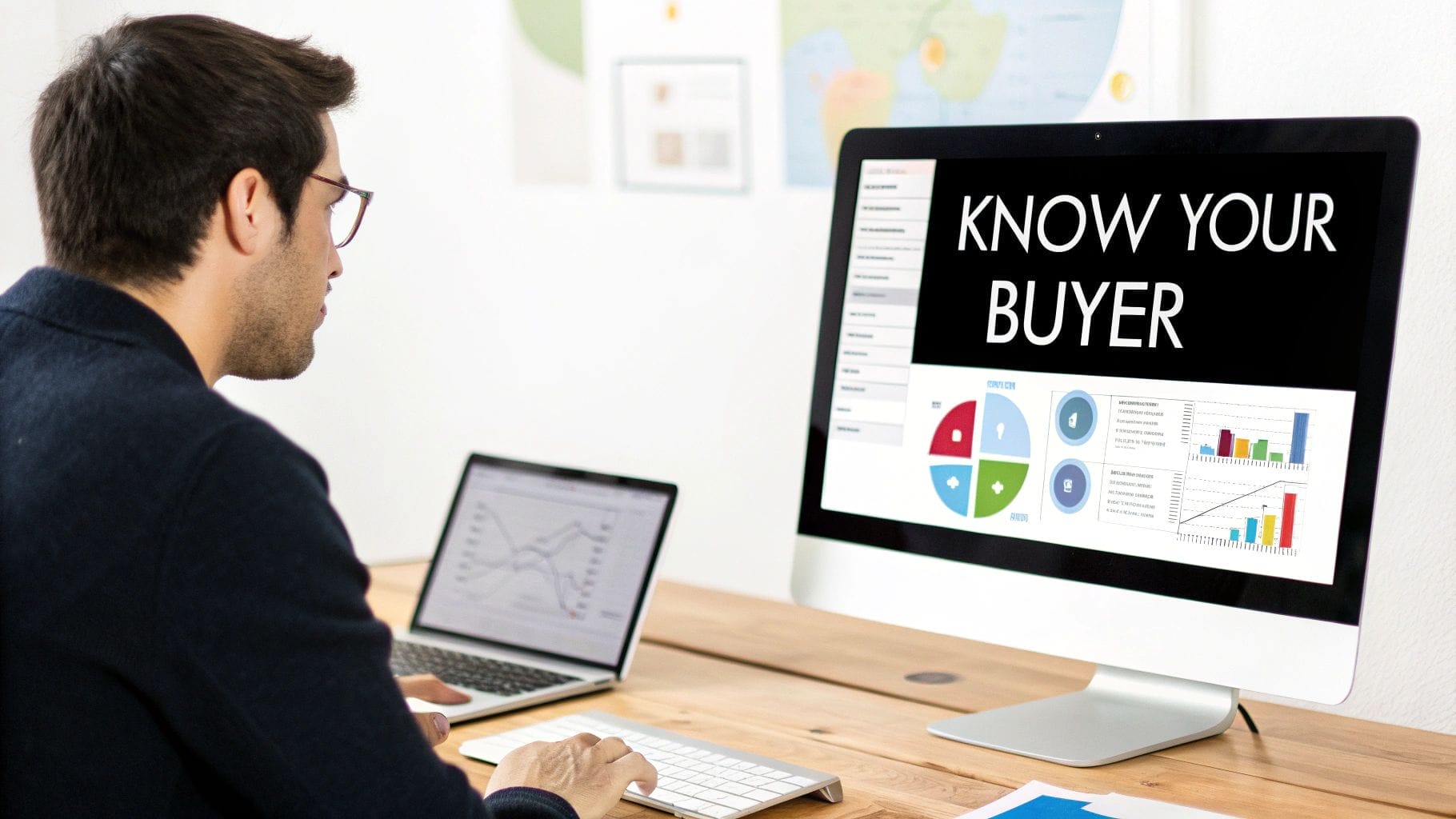 A person sits at a desk working on a laptop, with a desktop monitor displaying charts and the words "KNOW YOUR BUYER," highlighting strategies on how to increase ecommerce sales.
