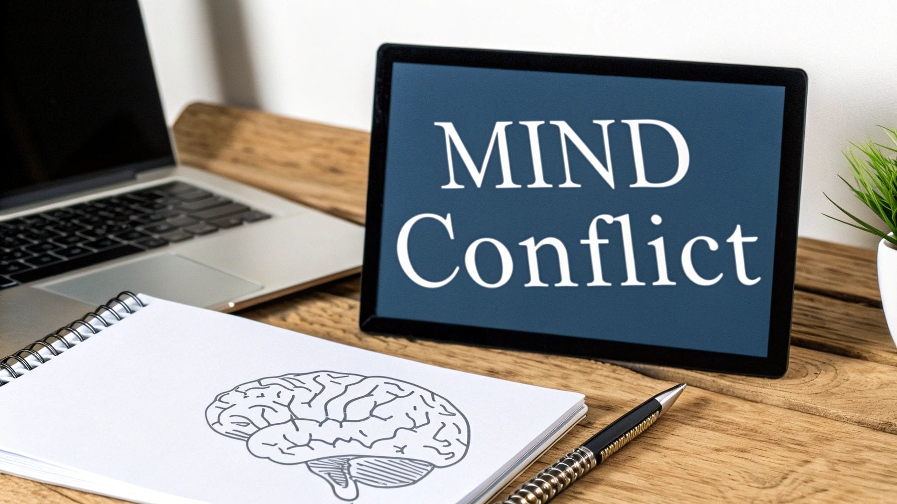 A tablet displaying the words “MIND Conflict” on a desk beside a laptop, a notebook with a brain illustration, a pen, and a small potted plant—perfect for exploring cognitive dissonance in marketing.