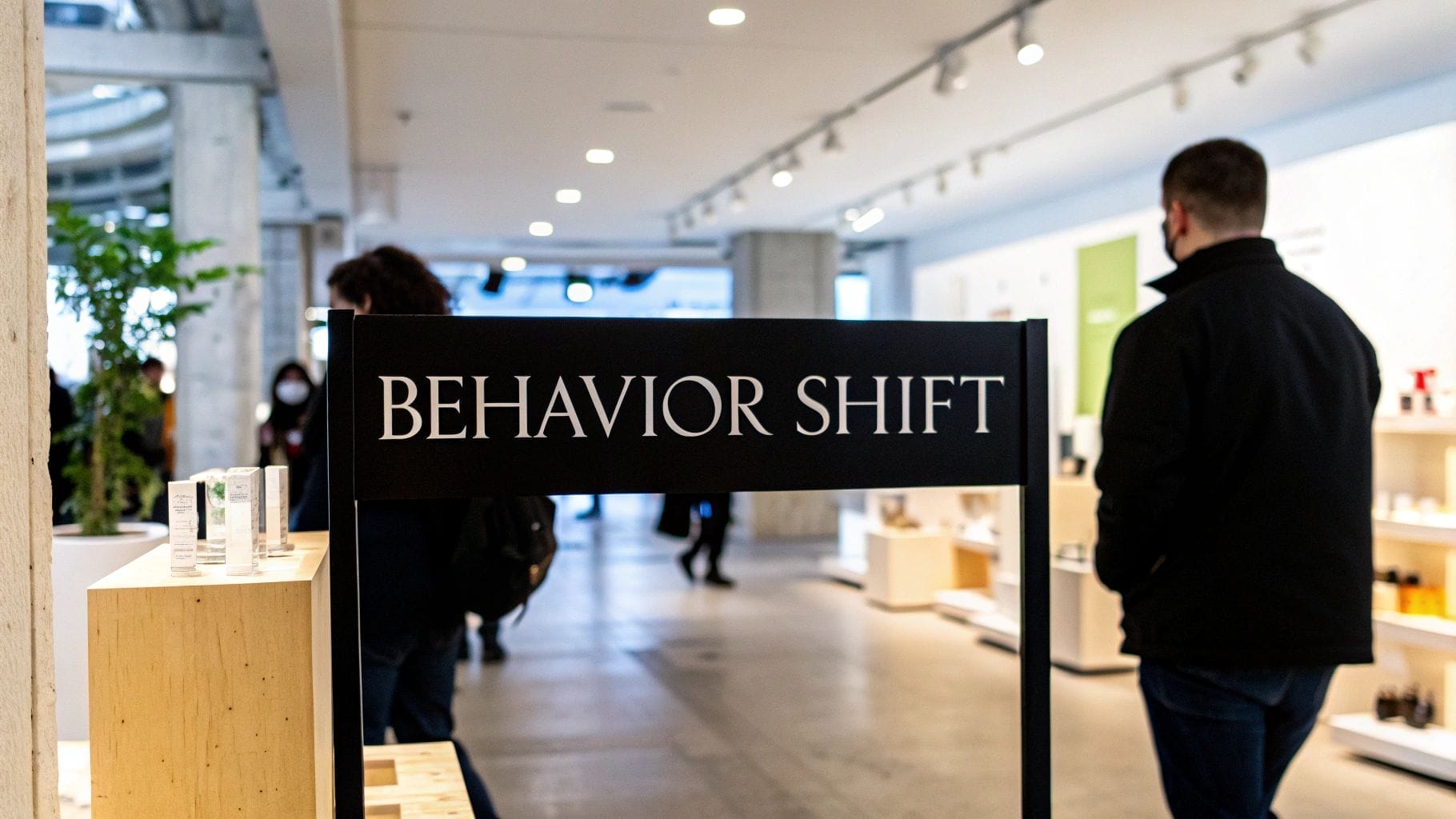 A black sign with white text reading "BEHAVIOR SHIFT" is displayed in a modern indoor space, subtly hinting at cognitive dissonance in marketing as people walk by and shelves of products fill the background.