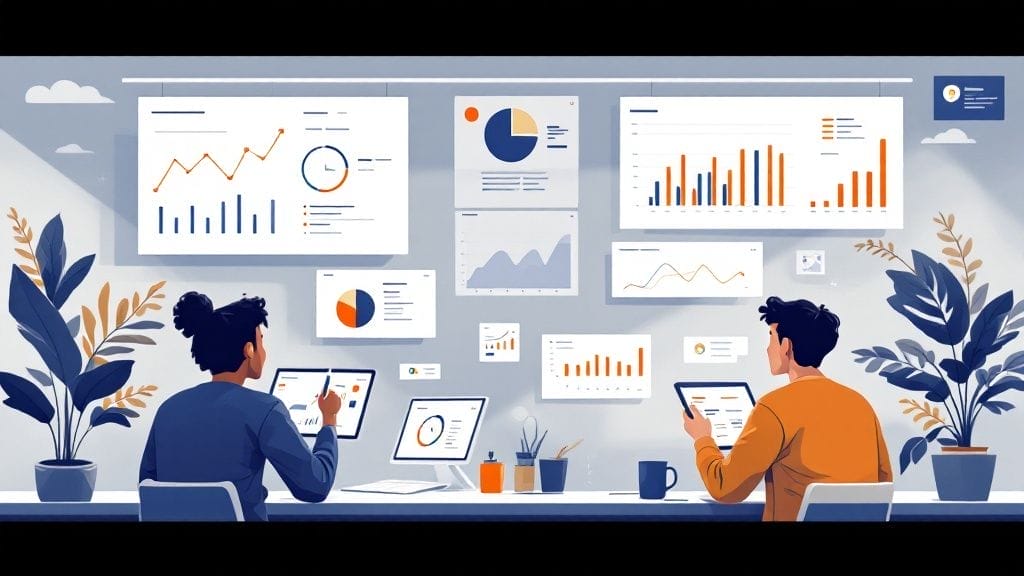 Two people examine data on tablets at a desk, surrounded by charts and graphs detailing ecommerce conversion rate optimization on the wall. Plants and office supplies add to the workspace ambiance.
