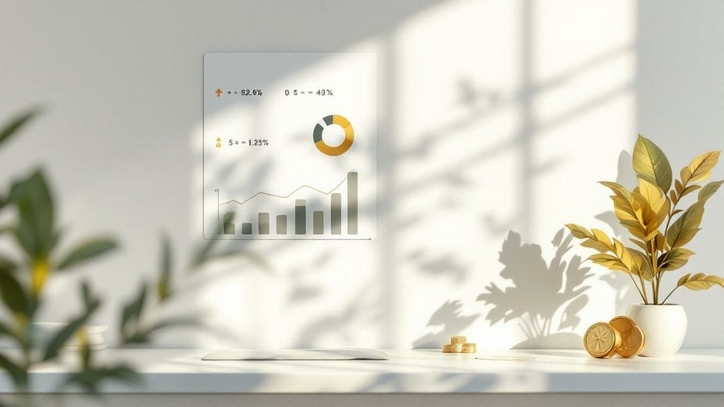 In a bright room, where sunlight and shadows dance on the wall, a graph and pie chart illustrate data insights. Below, surrounded by plants and coins on the desk, rests a guide on how to calculate conversion rate effectively.