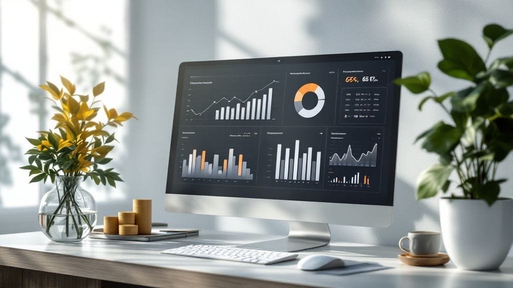 A computer screen displays various charts and graphs with numerical data, reflecting insights into ecommerce conversion rate optimization. The setup includes plants and coins on a white desk in a sunlit room.
